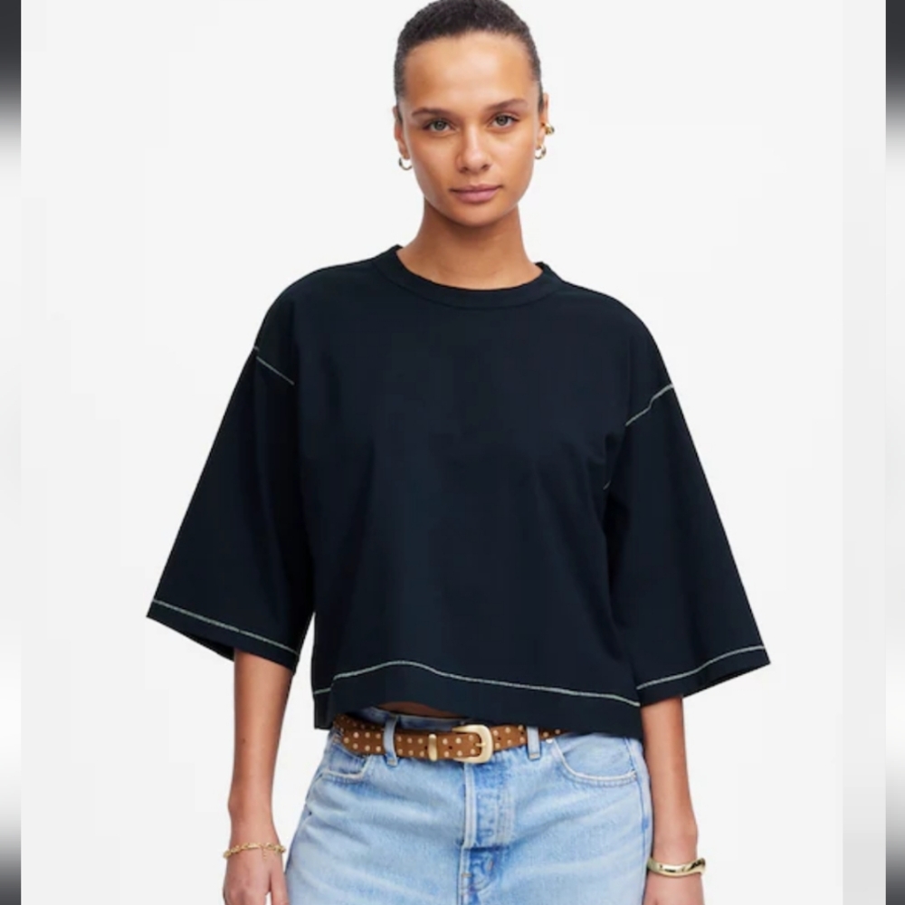 Madewell Navy Blue Oversized Boxy Wide Sleeve T-Shirt with Contrast Stitching XS
